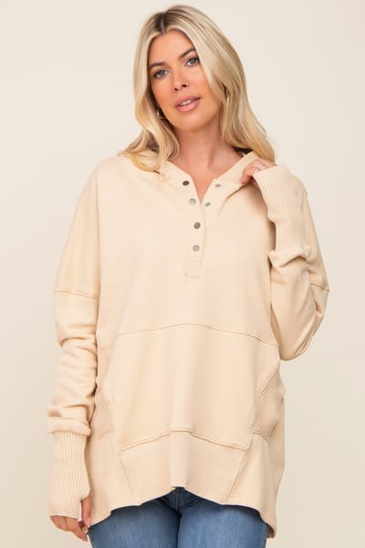 Aemi + Co Cream Button Front Ribbed Trim Hooded Sweatshirt