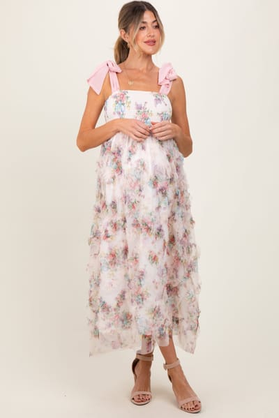 PinkBlush Cream Floral Smocked Shoulder Tie Ruffled Maternity Midi Dress