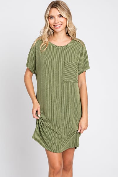 Entro Olive Ribbed Front Pocket Dolman Short Sleeve Dress