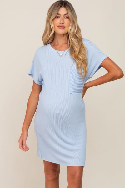 PinkBlush Light Blue Ribbed Front Pocket Dolman Short Sleeve Maternity Dress