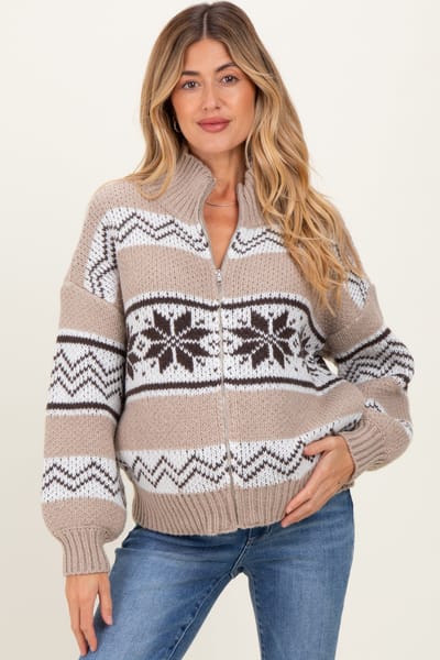 Le Lis Brown Fair Isle Print Zip Up Maternity Sweater Jacket
