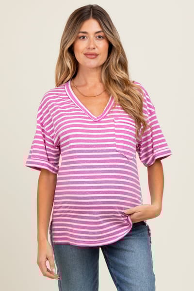 PinkBlush Mauve Striped Oversized V-Neck Front Pocket Maternity T-Shirt