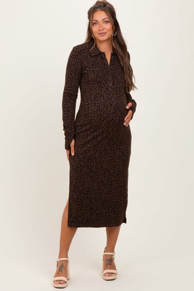 Doe & Rae Brown Animal Print Collared Maternity Midi Dress