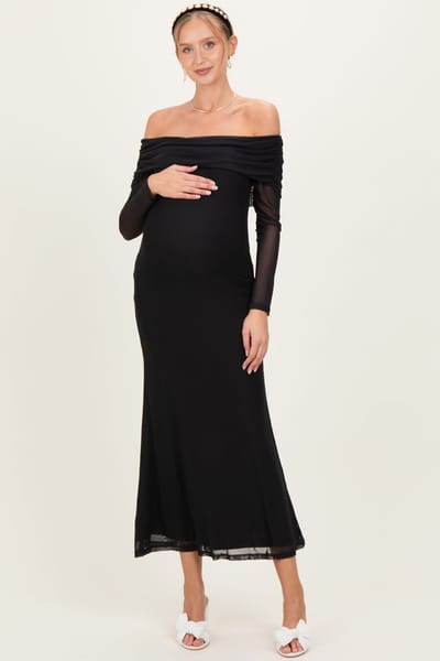 PinkBlush Black Mesh Off Shoulder Long Sleeve Maternity Maxi Dress