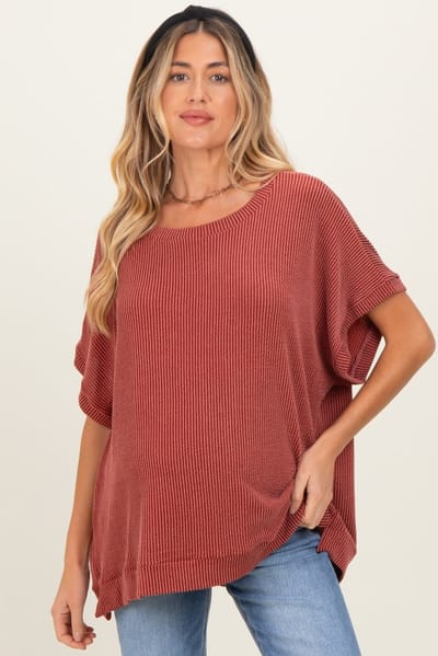 Rhea + Thea Rust Solid Ribbed Short Sleeve Oversized Maternity Tunic Top