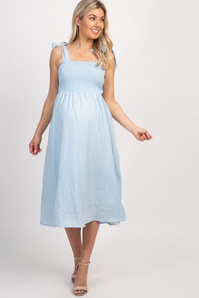 PinkBlush Light Blue Strap Tie Smocked Maternity Dress