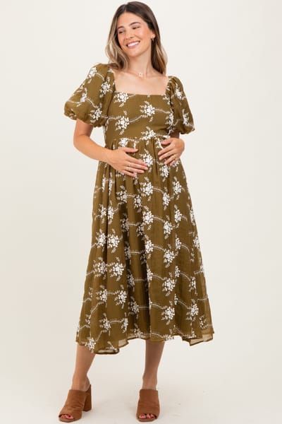 Endless Blu Dark Olive Textured Maternity Midi Dress