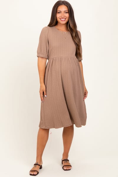 PinkBlush Taupe Textured Knit Puff Sleeve Maternity Midi Dress