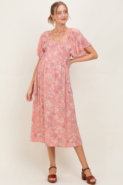 PinkBlush Pink Floral Smocked Maternity Midi Dress