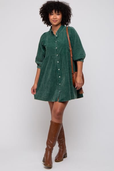 Umgee Green Corduroy Button Down Collared Dress