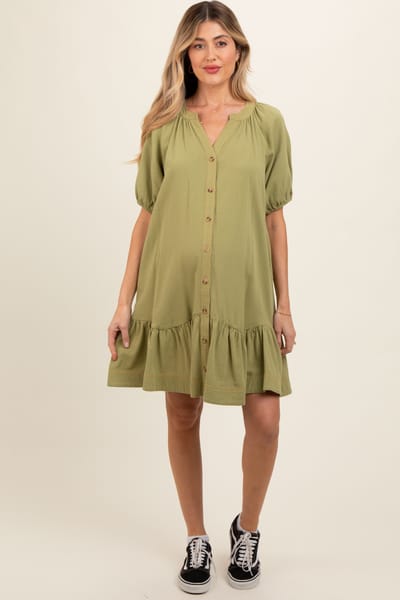 Umgee Light Olive Button Front Short Puff Sleeve Maternity Dress