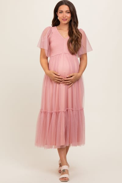Dress Day Mauve Dotted Tulle Smocked Maternity Midi Dress
