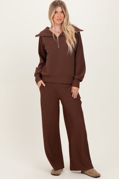 Zenana Outfitters Brown Ribbed Half Zip Pullover Wide Leg Pant Set