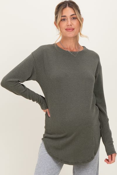 PinkBlush Olive Solid Ribbed Long Sleeve Maternity Tunic Top