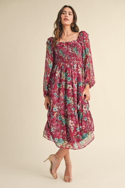 &merci Burgundy Floral Chiffon Smocked Ruffle Tiered Midi Dress
