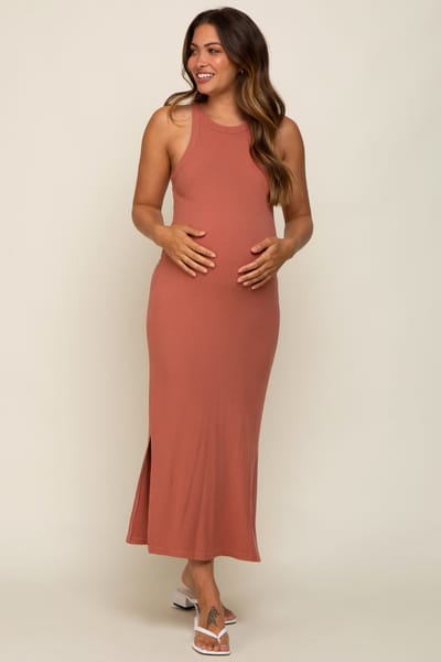 PinkBlush Rust Sleeveless Ribbed Side Slit Maternity Maxi Dress