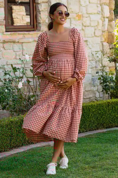 Elloh Rust Gingham Long Sleeve Maternity Midi Dress