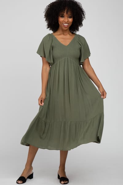 Rhea + Thea Olive Smocked Ruffle Dress