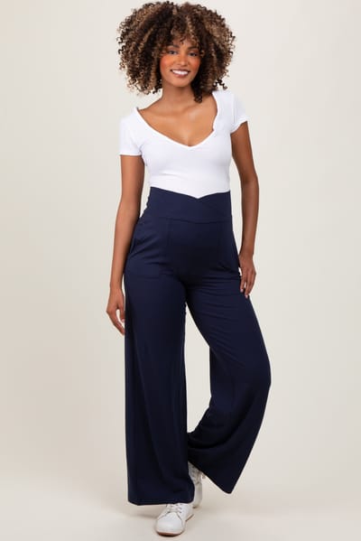 Rae Mode Navy Crossover Waist Active Wide Leg Maternity Pant