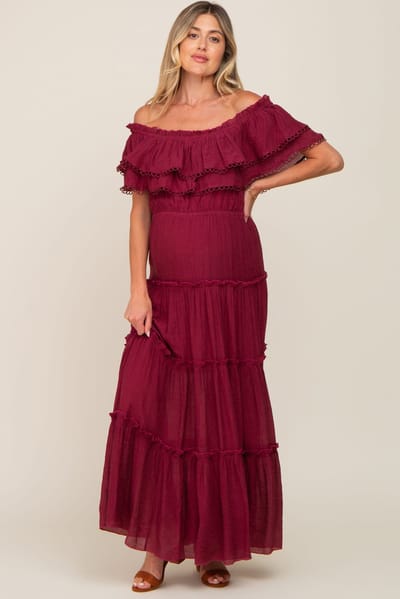 PinkBlush Burgundy Off Shoulder Eyelet Tiered Maternity Maxi Dress