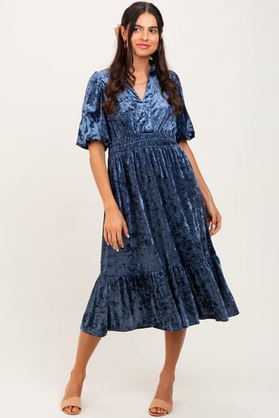 Umgee Blue Embroidered Velvet Smocked Waist Midi Dress