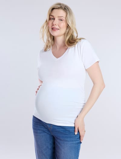 Motherhood Maternity Side Ruched Short Sleeve V-Neck  Maternity Tee