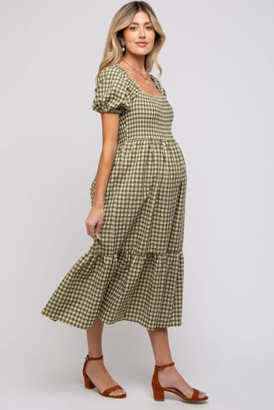 Elloh Olive Gingham Smocked Maternity Midi Dress