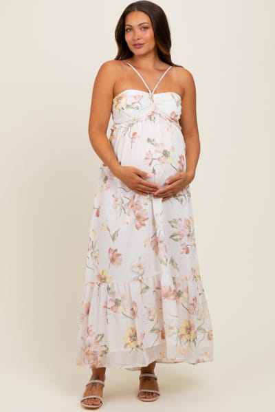 PinkBlush Cream Floral Chiffon Halter Maternity Maxi Dress