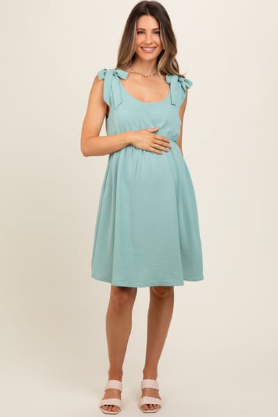 Hello Miz Mint Solid Tie-Shoulder Scoop Neck Maternity Dress
