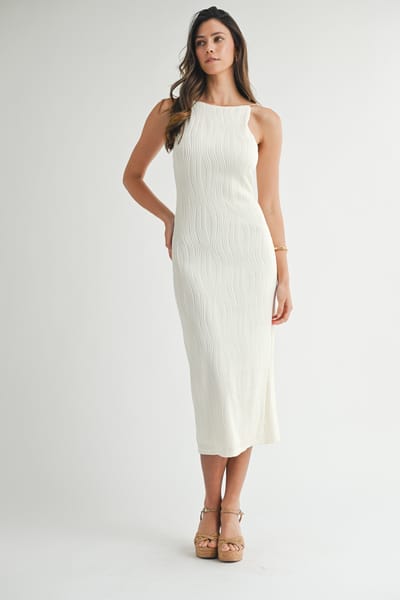 Mable Ivory Textured Sleeveless Fitted Midi Dress