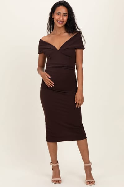 PinkBlush Brown Off Shoulder Fitted Maternity Midi Dress