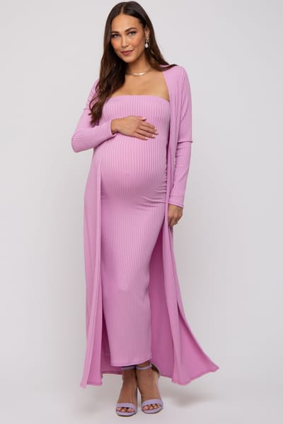 Rhea + Thea Pink Ribbed Sleeveless Dress Cardigan Maternity Set