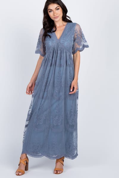 Rhea + Thea PinkBlush Blue Lace Mesh Overlay Maxi Dress