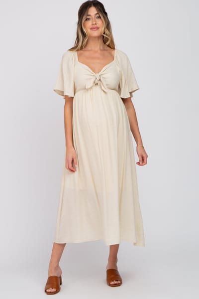 PinkBlush Beige Front Tie Ruffle Sleeve Maternity Midi Dress