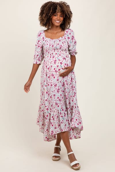 PinkBlush Ivory Floral Smocked Handkerchief Hem Maternity Maxi Dress