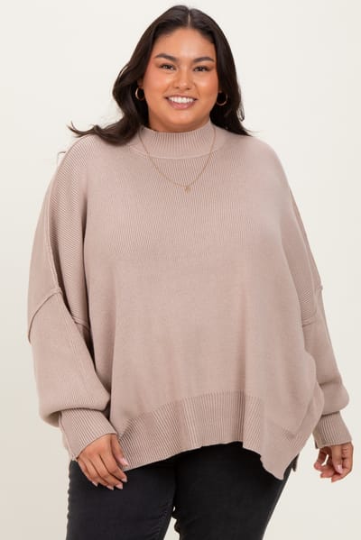 Zenana Outfitters Beige Mock Neck Exposed Seam Sweater