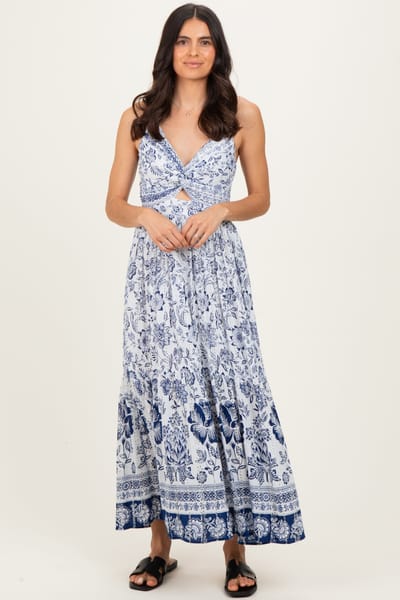 Angie Ivory Floral Twisted Front Maxi Dress