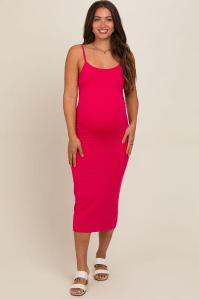 So Me Fuchsia Fitted Spaghetti Strap Maternity Midi Dress