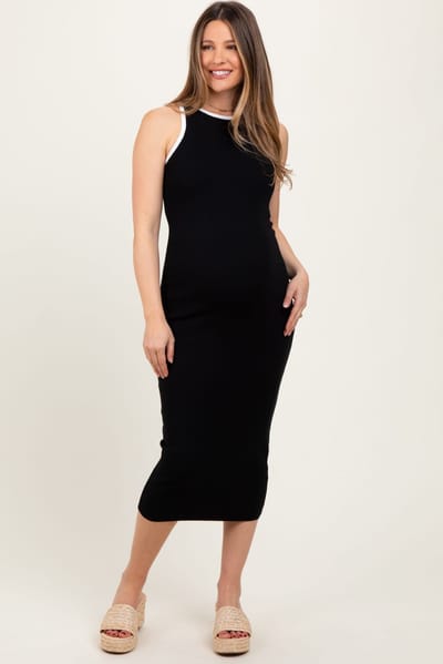 PinkBlush Black Knit Contrast Trim Maternity Midi Dress