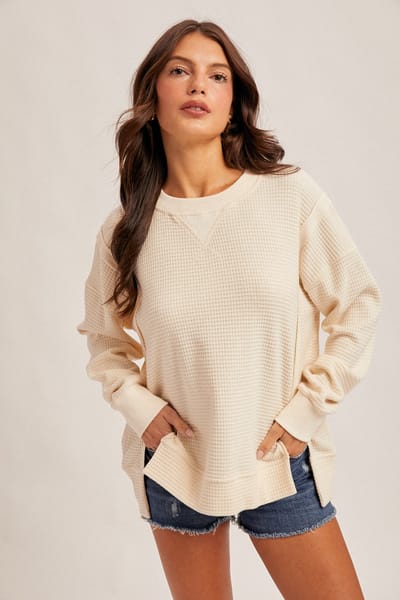 Hem & Thread Cream Oversized Contrast Trim Thermal Pullover