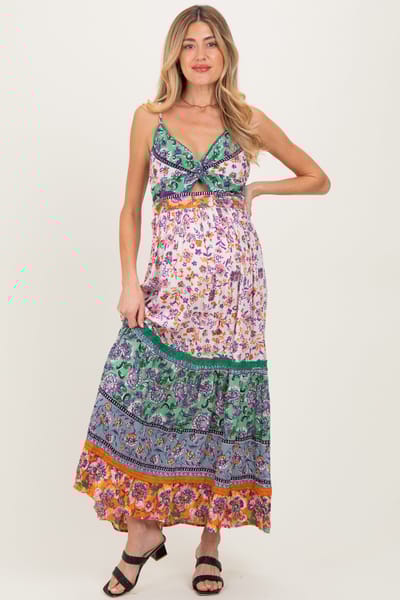 PinkBlush Multicolor Colorblock Floral Twist Front Cutout Maternity Maxi Dress