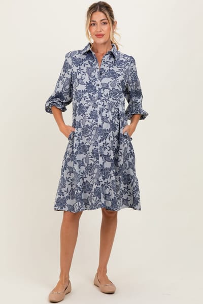 PinkBlush Navy Floral Button Down 3/4 Sleeve Maternity Midi Dress