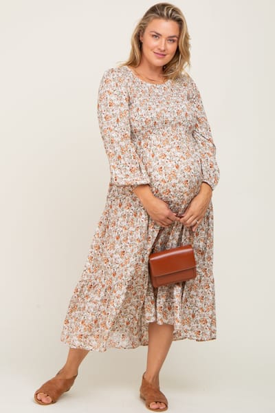 Elloh Cream Floral Smocked 3/4 Sleeve Maternity Plus Midi Dress