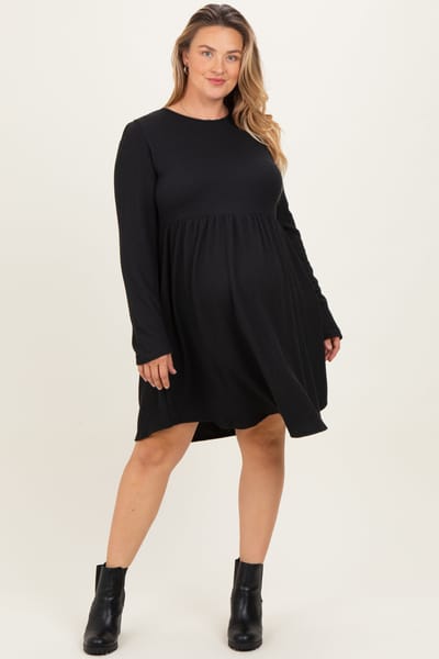 Heimish Black Textured Rib Long Sleeve Maternity Plus Dress
