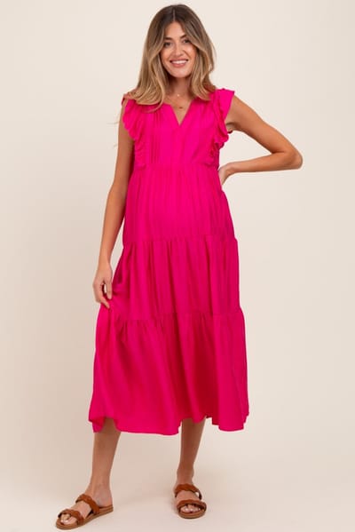 PinkBlush Fuchsia Ruffle Sleeve Tiered Maternity Midi Dress