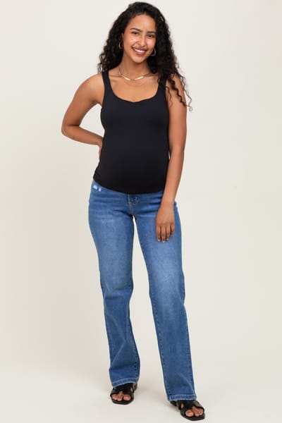 Vervet Blue  Mid Rise Full Length Straight Leg Maternity Jeans