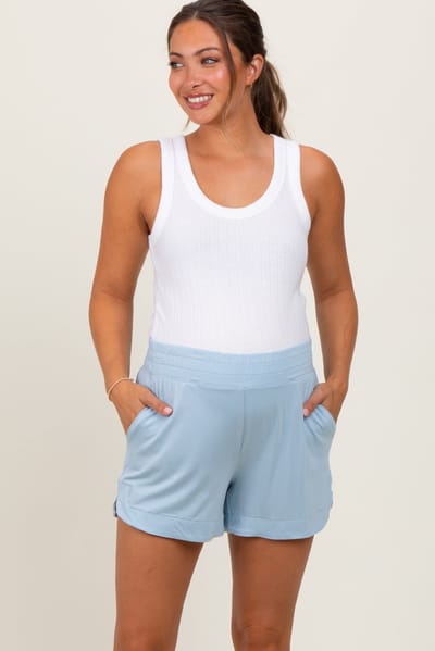 Rae Mode Light Blue Basic Rounded Hem Maternity Shorts