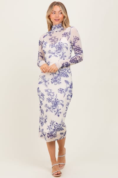 Fore Collection Ivory Floral Mesh Mock Neck Long Sleeve Midi Dress