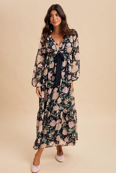 In Loom Navy Floral Chiffon Bow Tie Front Maxi Dress