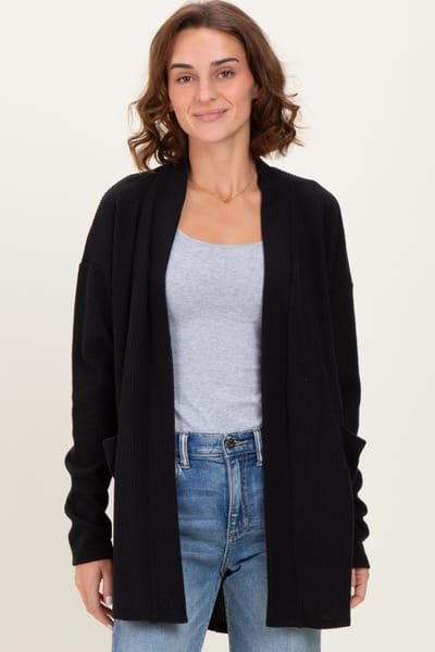 Rhea + Thea Black Solid Ribbed Long Sleeve Open Front Pocket Cardigan
